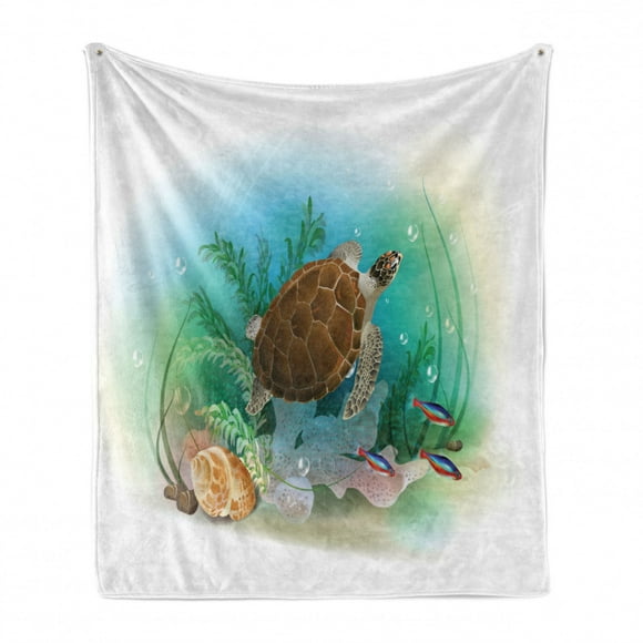 70 x 90 Ambesonne Turtle Soft Flannel Fleece Throw Blanket Hawksbill Sea Turtle Dive Deep into The Blue Ocean Against Sun Rays Cozy Plush for Indoor and Outdoor Use Yellow Brown Blue 